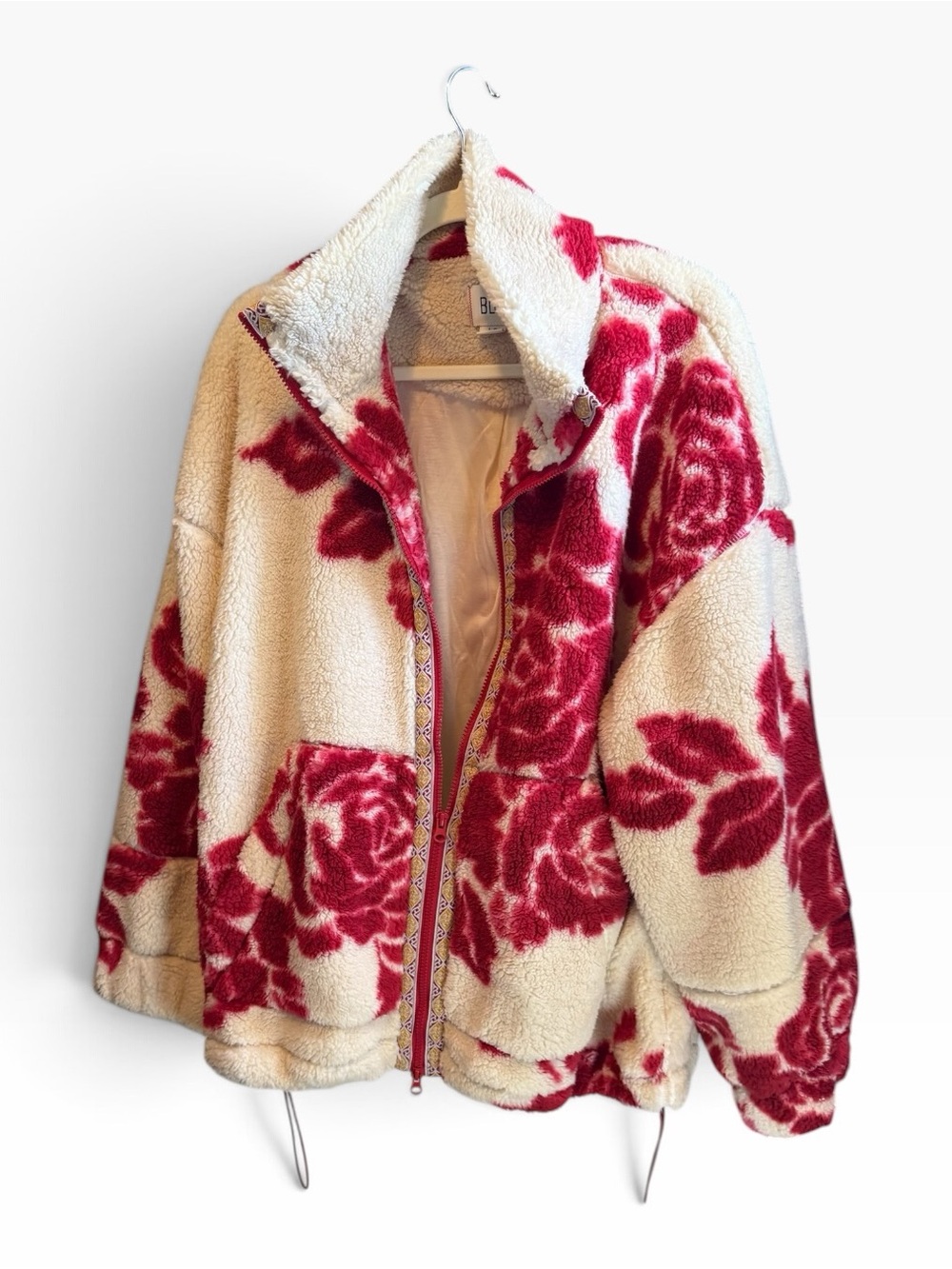 BDG Cream Sherpa Jacket with Red Floral Print